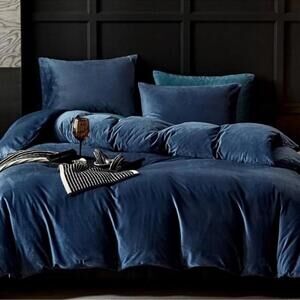 🆕 Blue Velvet Duvet Set King Luxury Hotel Vibes Cozy Bedding